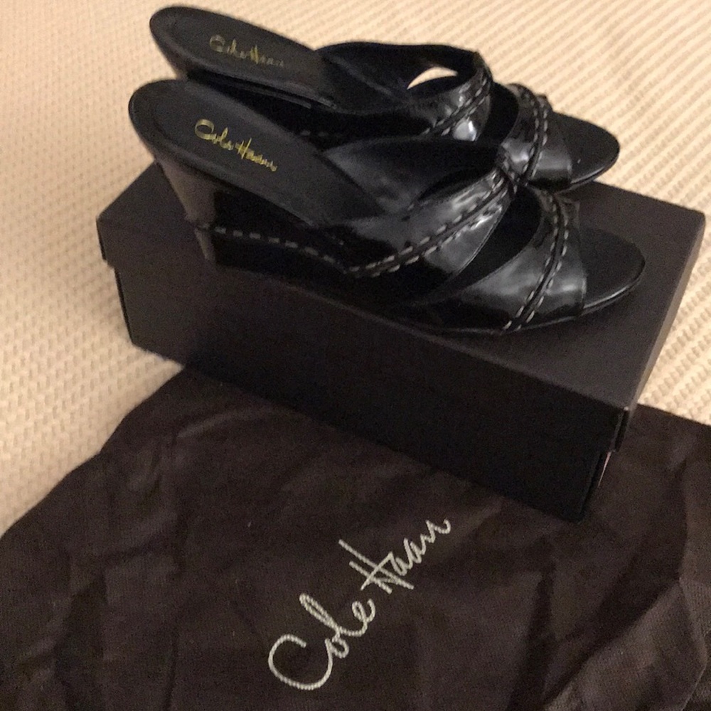 Black patent slides. Cole Haan. Gently worn.